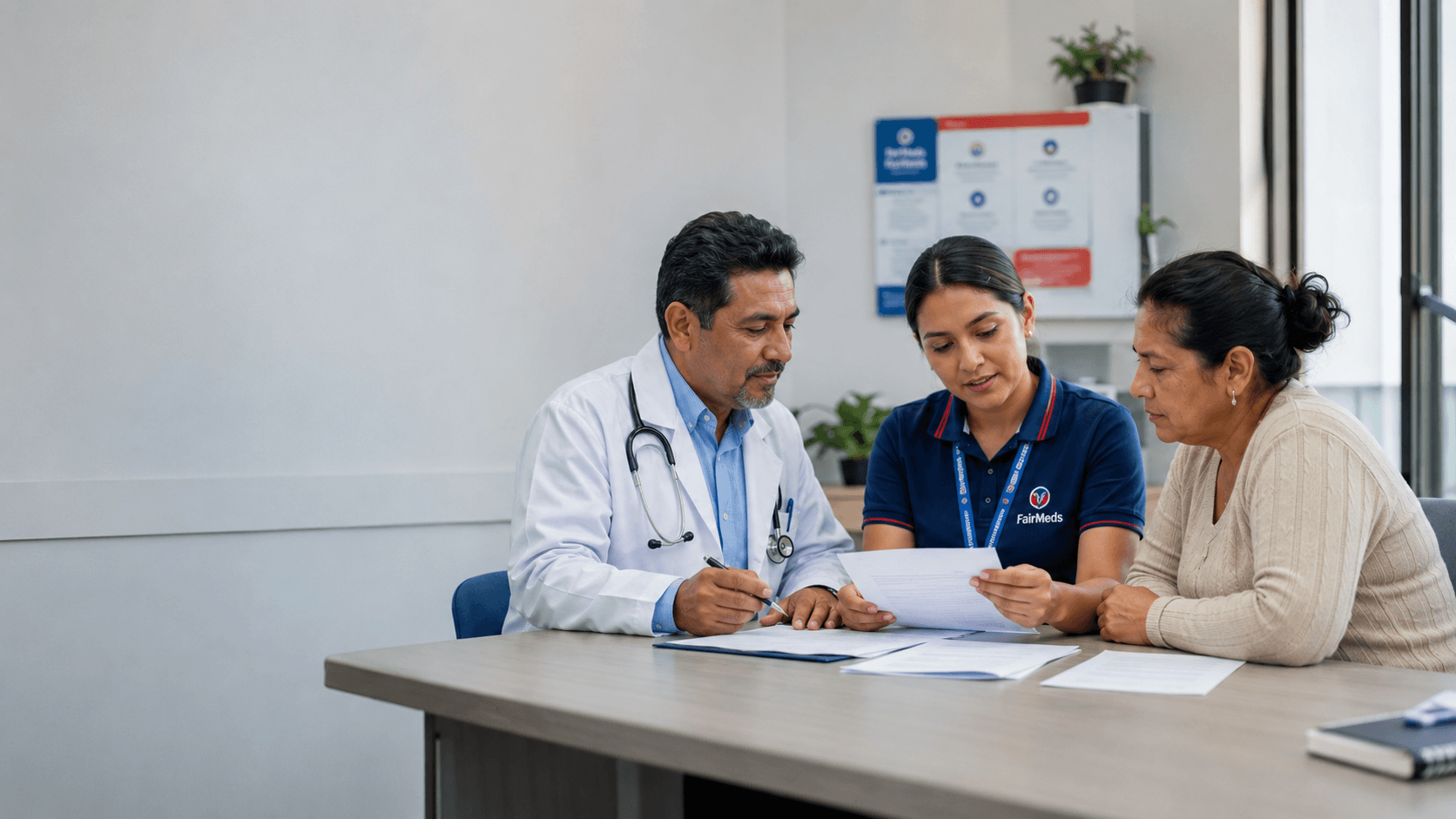 A doctor and a FairMeds advisor reviewing options